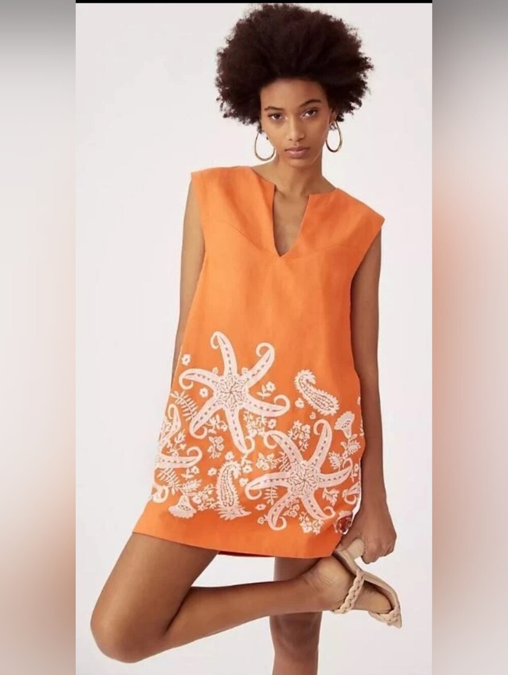 Maeve Orange Starfish Embroidered Linen Tunic Mini Dress Lined US 0
